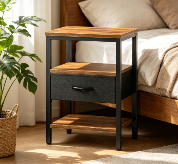 Rustic Brown & Black 3-Tier Nightstand with USB Ports and Adjustable Fabric Drawer