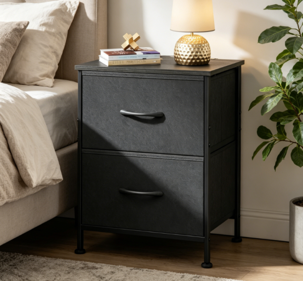 Black Nightstand with 2 Fabric Drawers, Steel Frame and Wood Top
