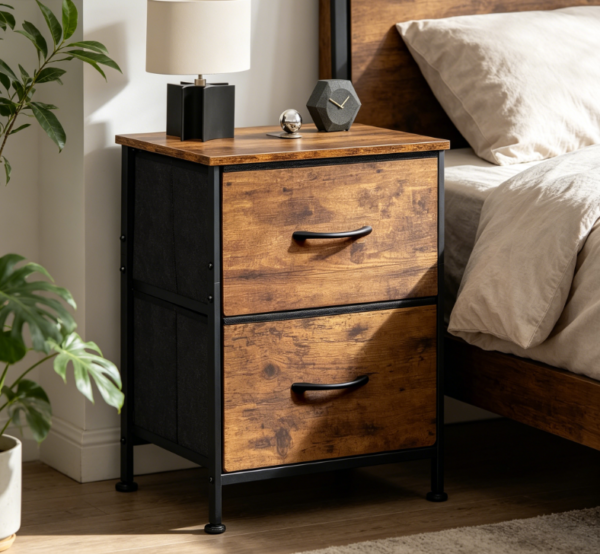 Rustic Brown Wood Grain Print 2-Drawer Nightstand with Fabric Bins