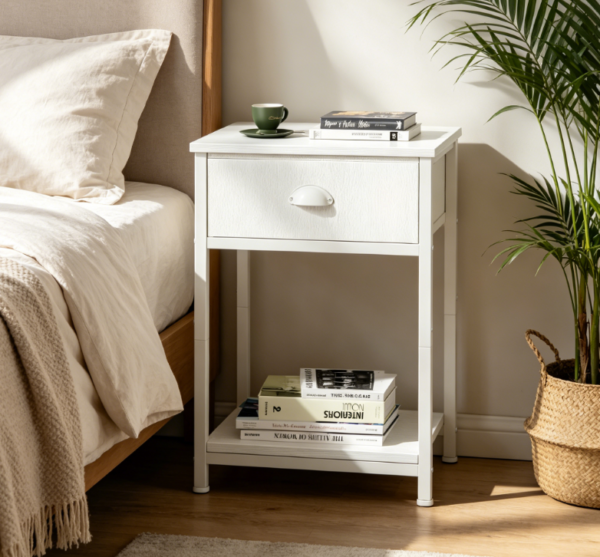 White Tall 2-Tier Nightstand with Fabric Drawer, 23.6 Inch