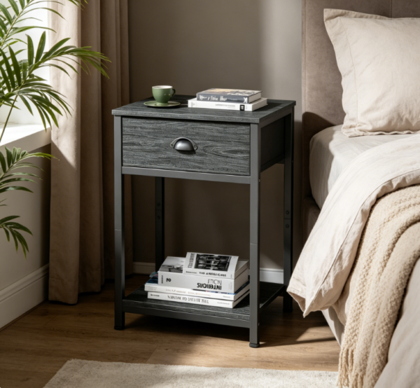 Black Oak 2-Tier Industrial Nightstand with Fabric Drawer and Shelf