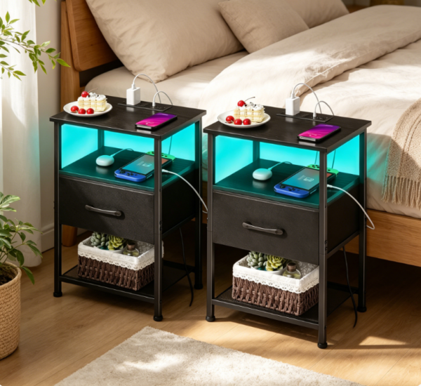 Set of 2 Black Nightstands with USB Charging, Drawer, 2-Tier Shelf and Multicolour LED Strip